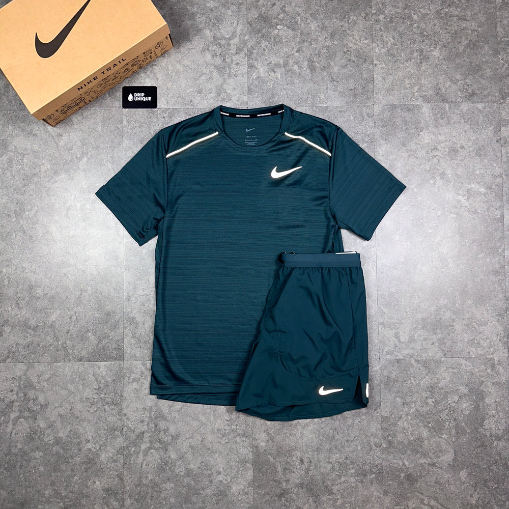 Nike Miler T-Shirt Deep Jungle & Deep Jungle Flex Stride Shorts Set, Nike Miler T Shirt, dripuniqueuk