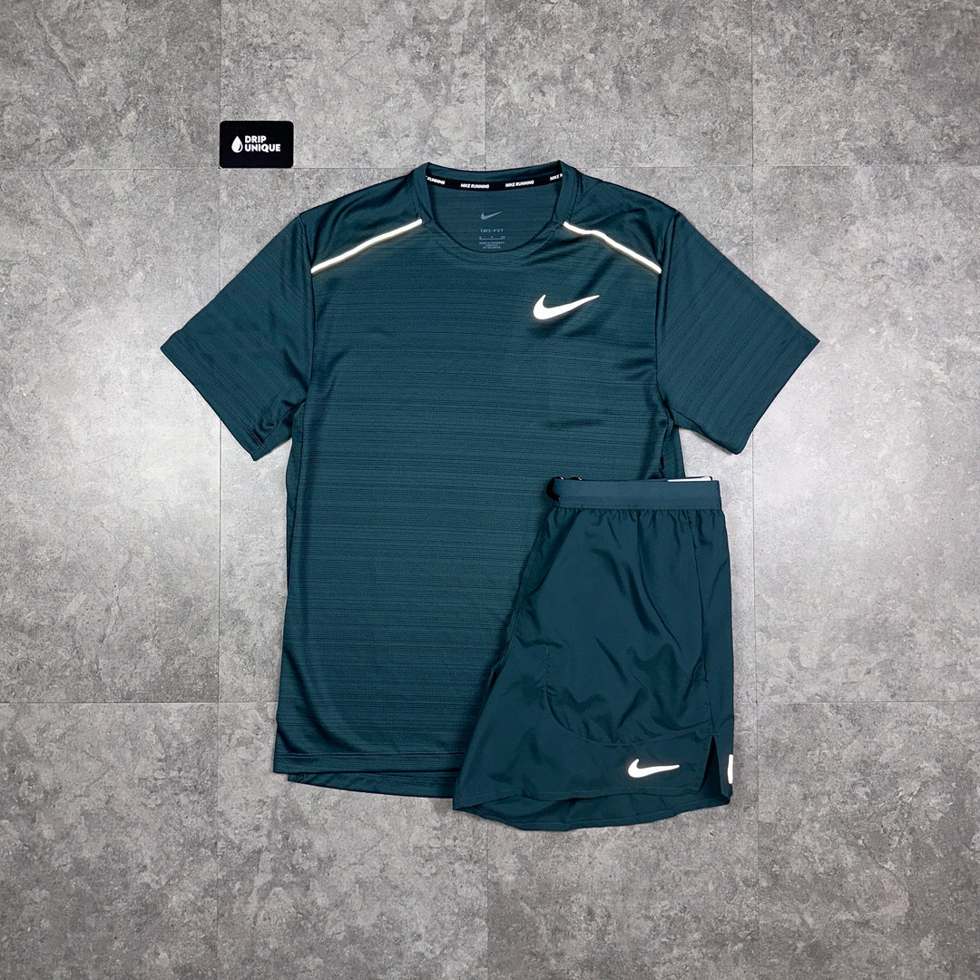 Nike Miler T-Shirt Deep Jungle & Deep Jungle Flex Stride Shorts Set, dripuniqueuk