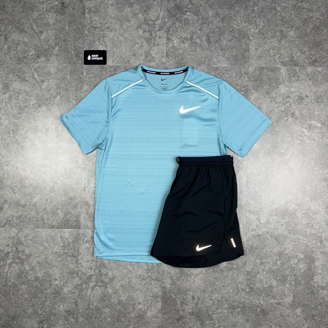 Nike Miler T-Shirt Denim Turqouise & Black Flex Stride Shorts Set, Nike Miler Set, dripuniqueuk