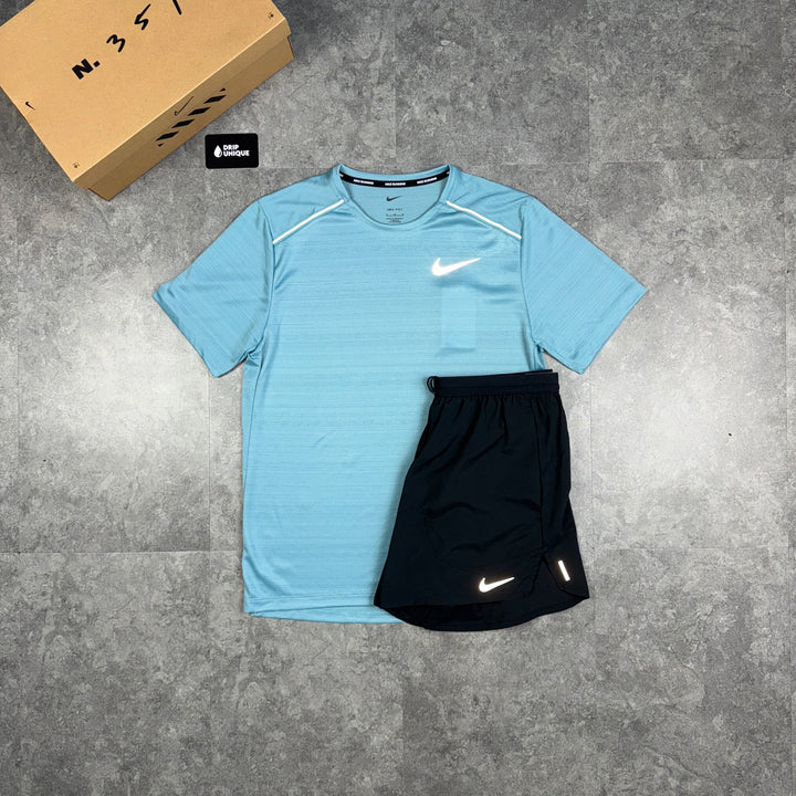 Nike Miler T-Shirt Denim Turqouise & Black Flex Stride Shorts Set, Nike Sets, dripuniqueuk