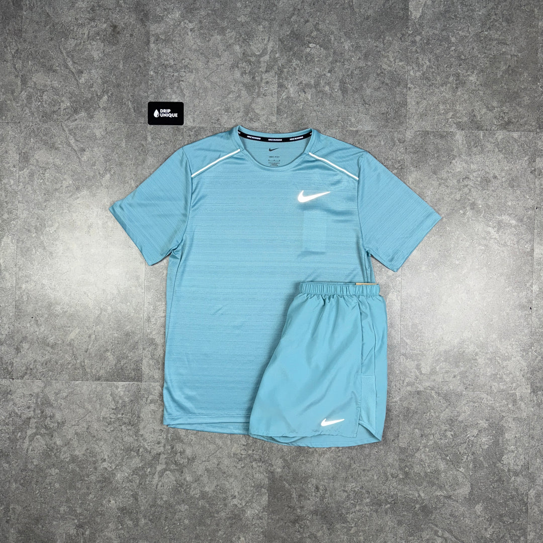 Nike Miler T-Shirt Denim Turqouise & Denim Turquoise Challenger Shorts Set, Nike Miler Set, dripuniqueuk