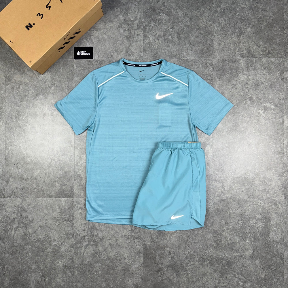 Nike Miler T-Shirt Denim Turqouise & Denim Turquoise Challenger Shorts Set, Nike Sets, dripuniqueuk