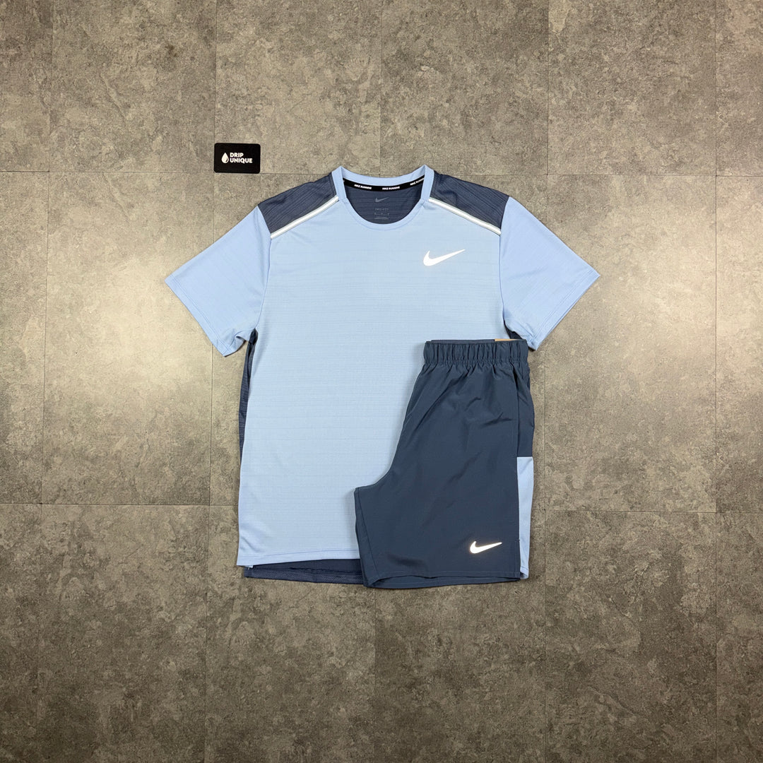 Nike Miler T-Shirt Diffused Blue & Blue Challenger Shorts Set, nike miler tshirt set, dripuniqueuk