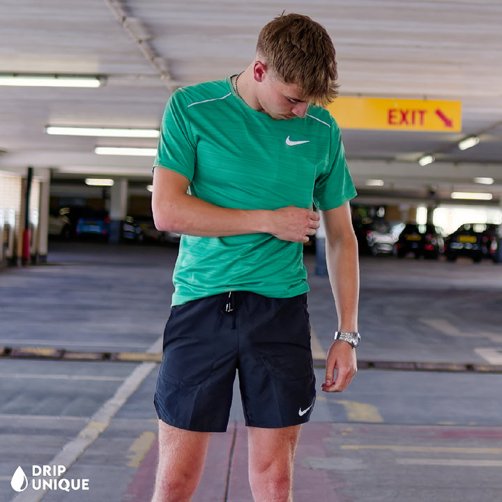 Nike Miler T-Shirt Emerald Green & Black Flex Stride Shorts Set, Nike Sets, dripuniqueuk