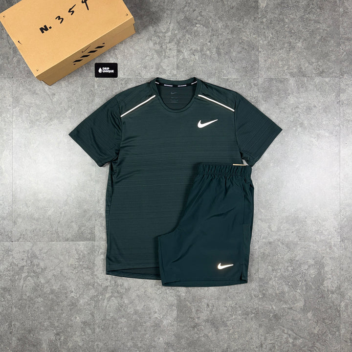 Nike Miler T-Shirt Forest Green & Green Challenger Shorts Set, nike miler set, dripuniqueuk