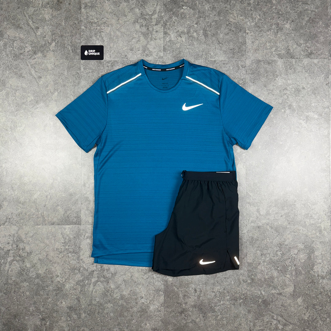 Nike Miler T-Shirt Green Abyss & Black Flex Stride Shorts Set, Nike Miler Set, dripuniqueuk