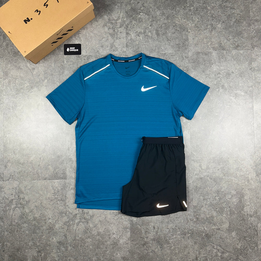 Nike Miler T-Shirt Green Abyss & Black Flex Stride Shorts Set, Nike Sets, dripuniqueuk