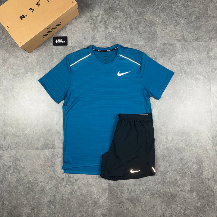 Nike Miler T-Shirt Green Abyss & Black Flex Stride Shorts Set, Nike Sets, dripuniqueuk