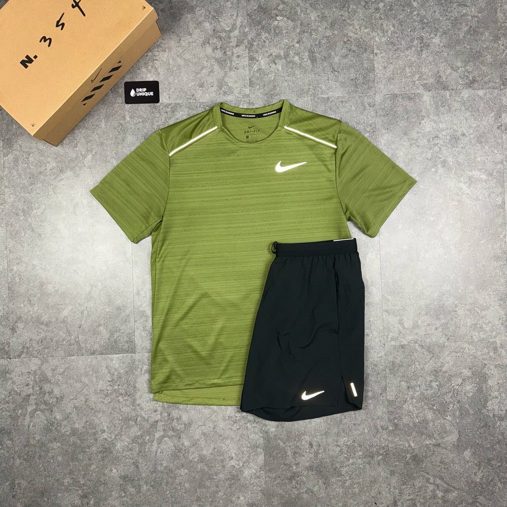 Nike Miler T-Shirt Green & Black Flex Stride Shorts Set, Nike Miler Set 1, dripuniqueuk