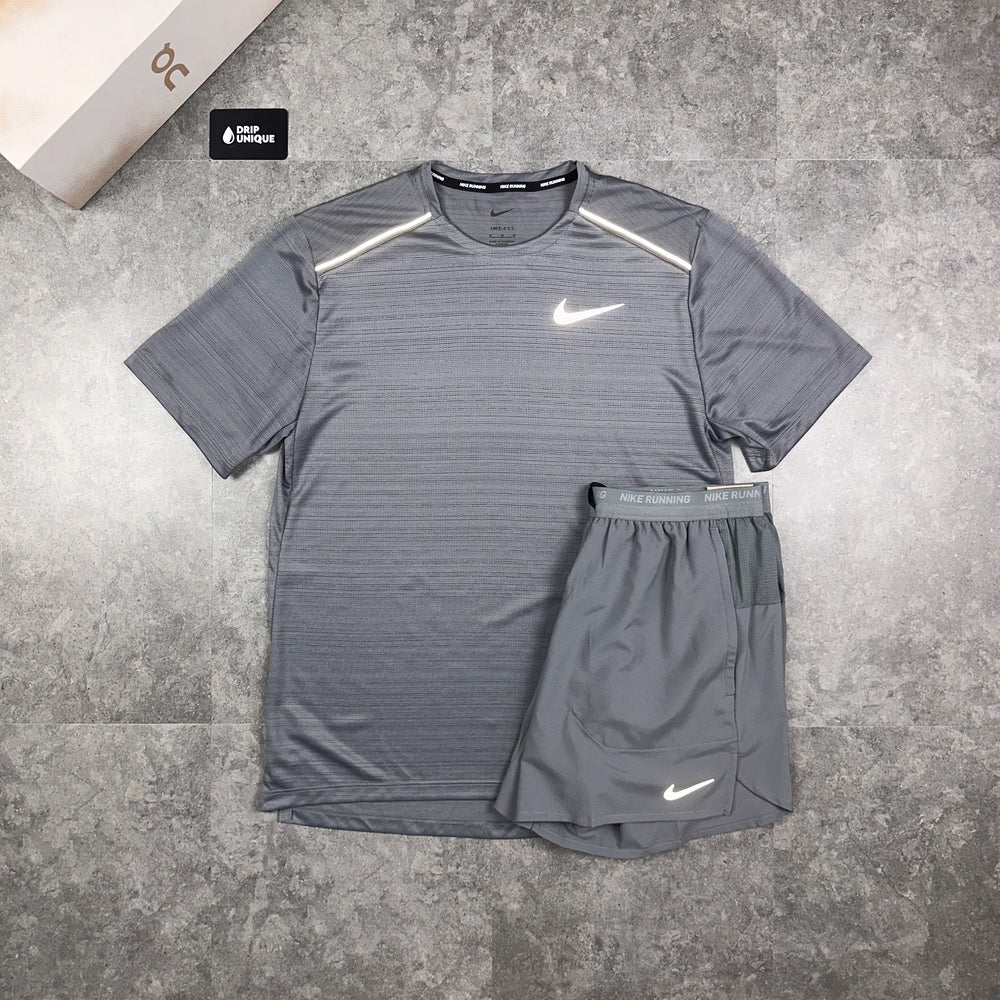 Nike Miler T-Shirt Grey & Grey Flex Stride Shorts Set, Nike Miler Set, dripuniqueuk