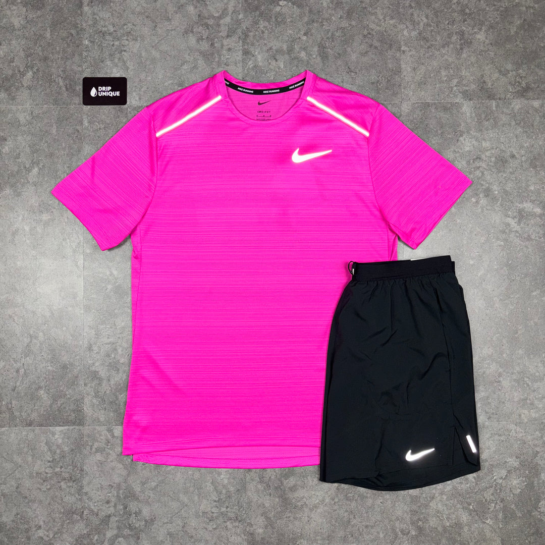 Nike Miler T Shirt Hot Pink Black Flex Stride Shorts Set