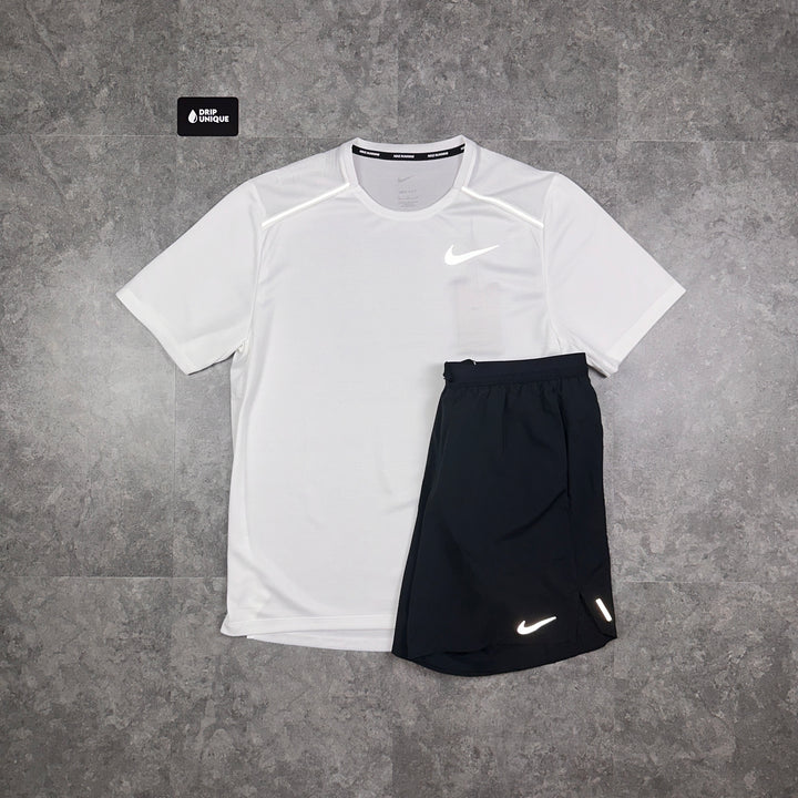 Nike Miler T-Shirt Ice White & Black Flex Stride Shorts Set, Nike Sets, dripuniqueuk