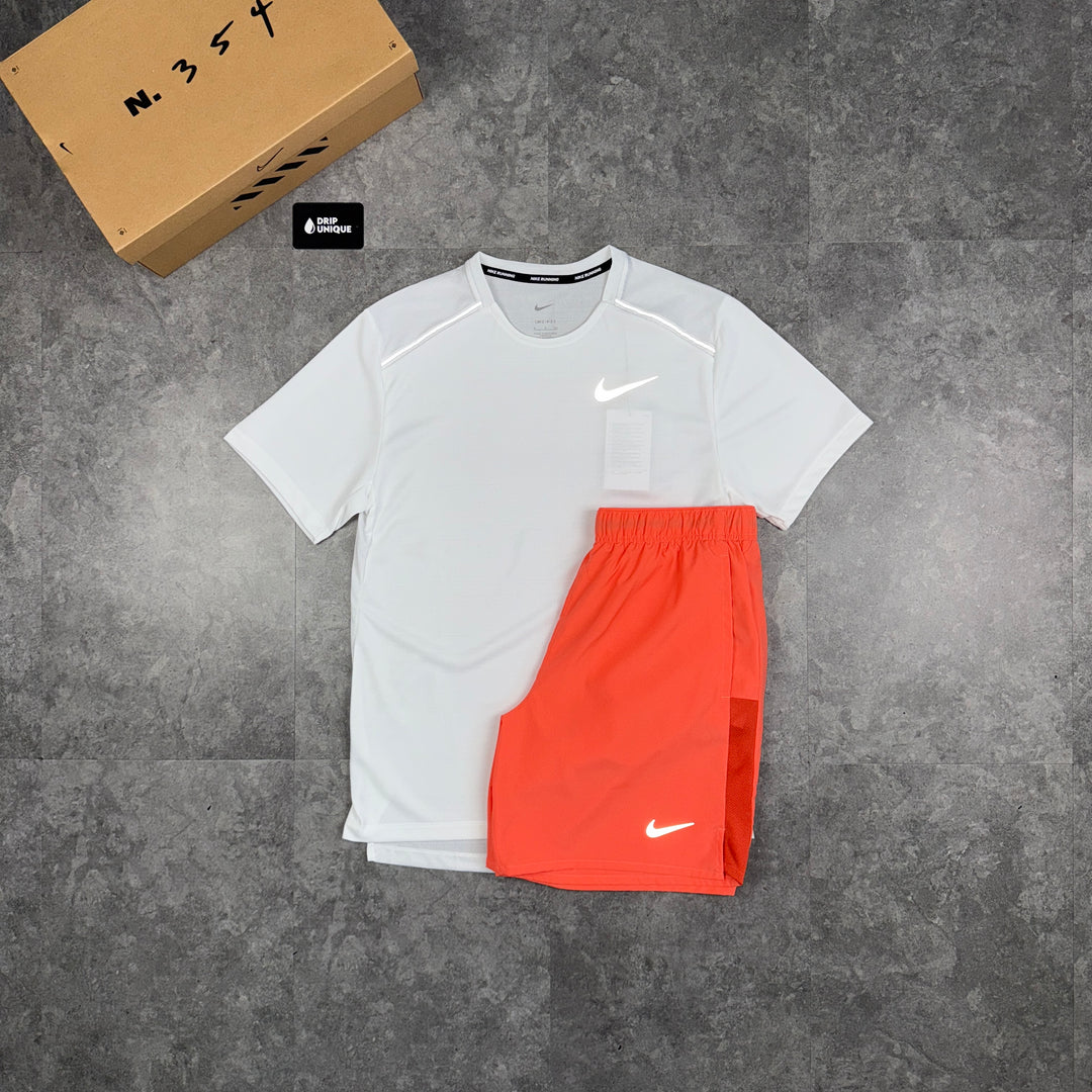 Nike Miler T-Shirt Ice White & Peach Challenger Shorts Set, Nike Sets for men, dripuniqueuk