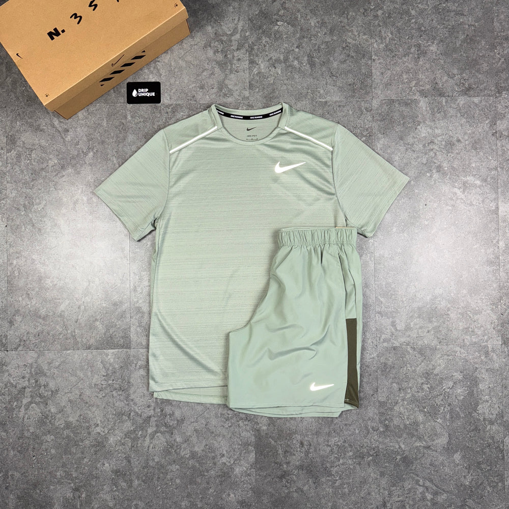 Nike Miler T-Shirt Jade Green & Jade Green Challenger Shorts Set, Nike Sets, dripuniqueuk