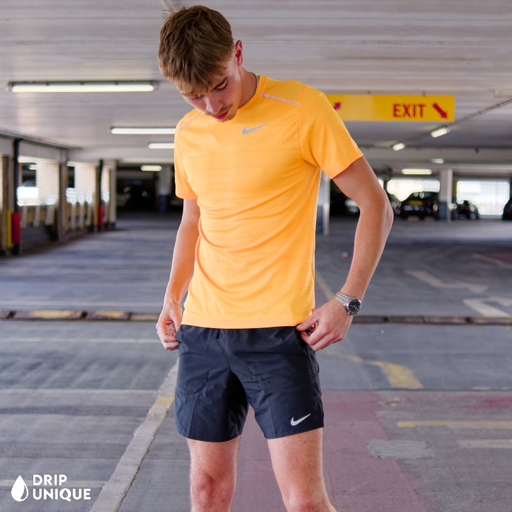 Nike Miler T-Shirt Laser Orange & Black Flex Stride Shorts Set, Nike Miler T Shirt, dripuniqueuk
