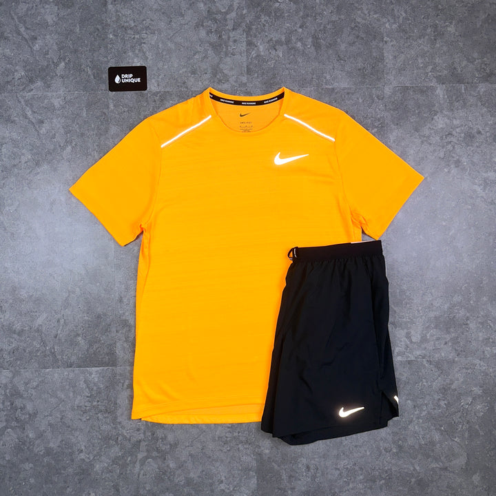 Nike Miler T-Shirt Laser Orange & Black Flex Stride Shorts Set, Nike Sets, dripuniqueuk
