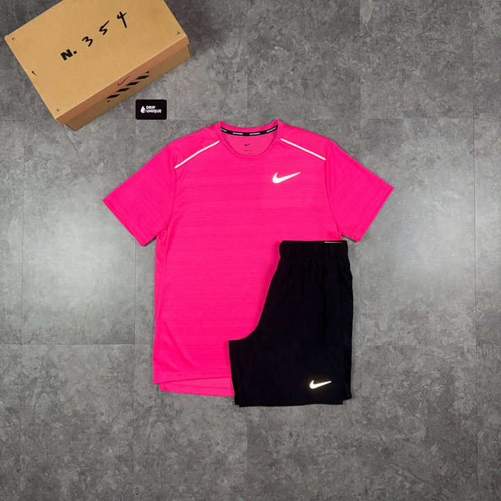 Nike Miler T-Shirt Laser Pink & Black Challenger Shorts Set, nike miler set, dripuniqueuk