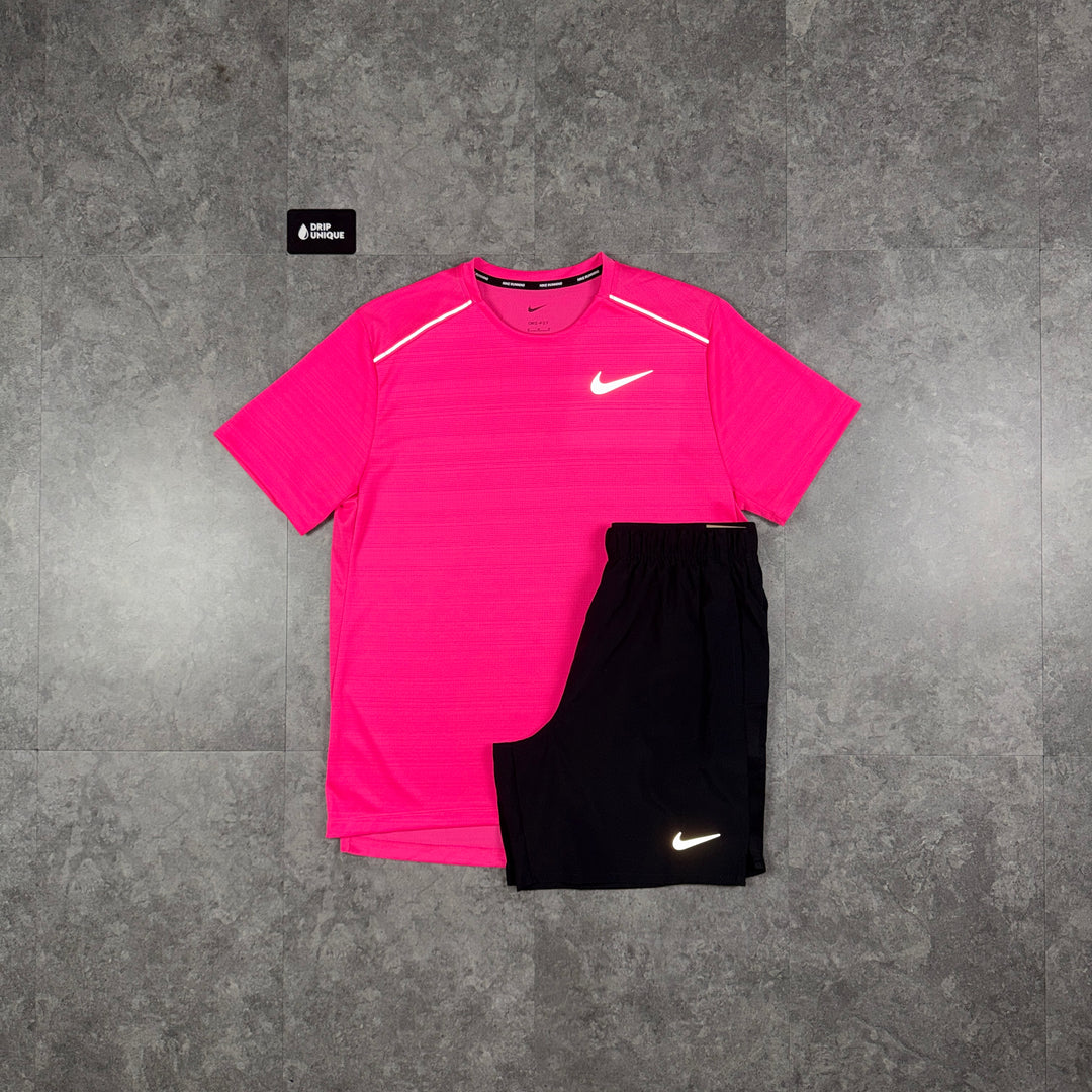 Nike Miler T-Shirt Laser Pink & Black Challenger Shorts Set, nike set, dripuniqueuk