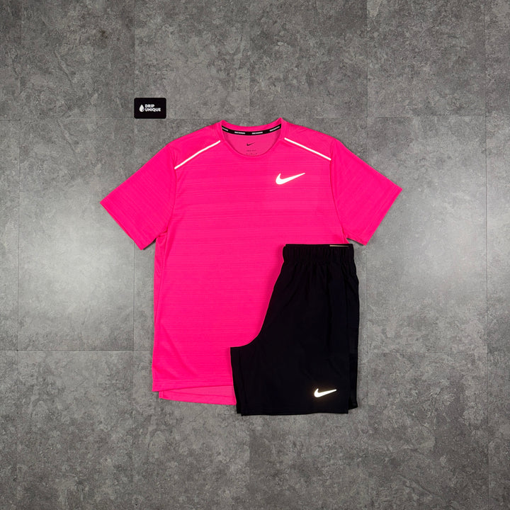 Nike Miler T-Shirt Laser Pink & Black Challenger Shorts Set, nike set, dripuniqueuk
