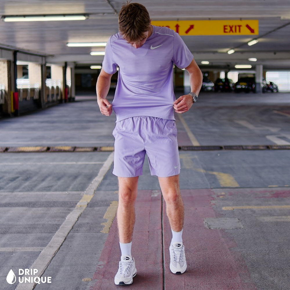 Nike Miler T-Shirt Lavender & Lavender Challenger Shorts Set, Nike Miler Set, dripuniqueuk