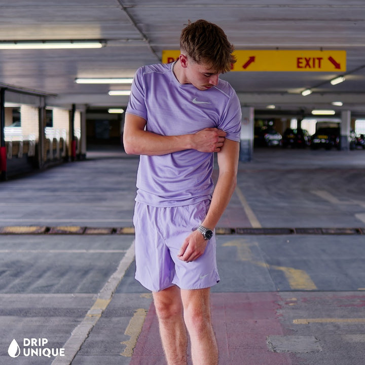 Nike Miler T-Shirt Lavender & Lavender Challenger Shorts Set, Set Nike, dripuniqueuk