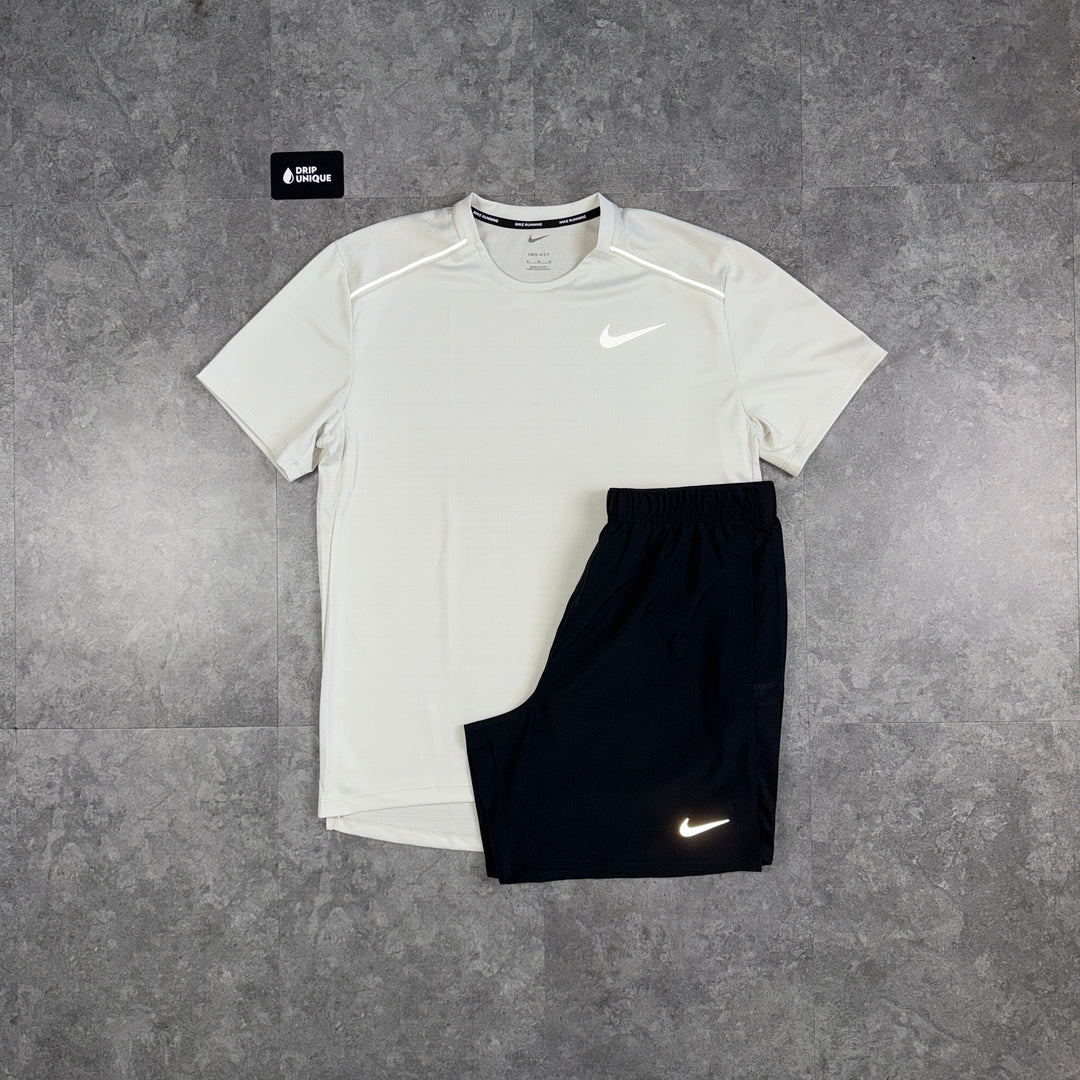 Nike Miler T-Shirt Light Bone & Black Challenger Shorts Set, dripuniqueuk