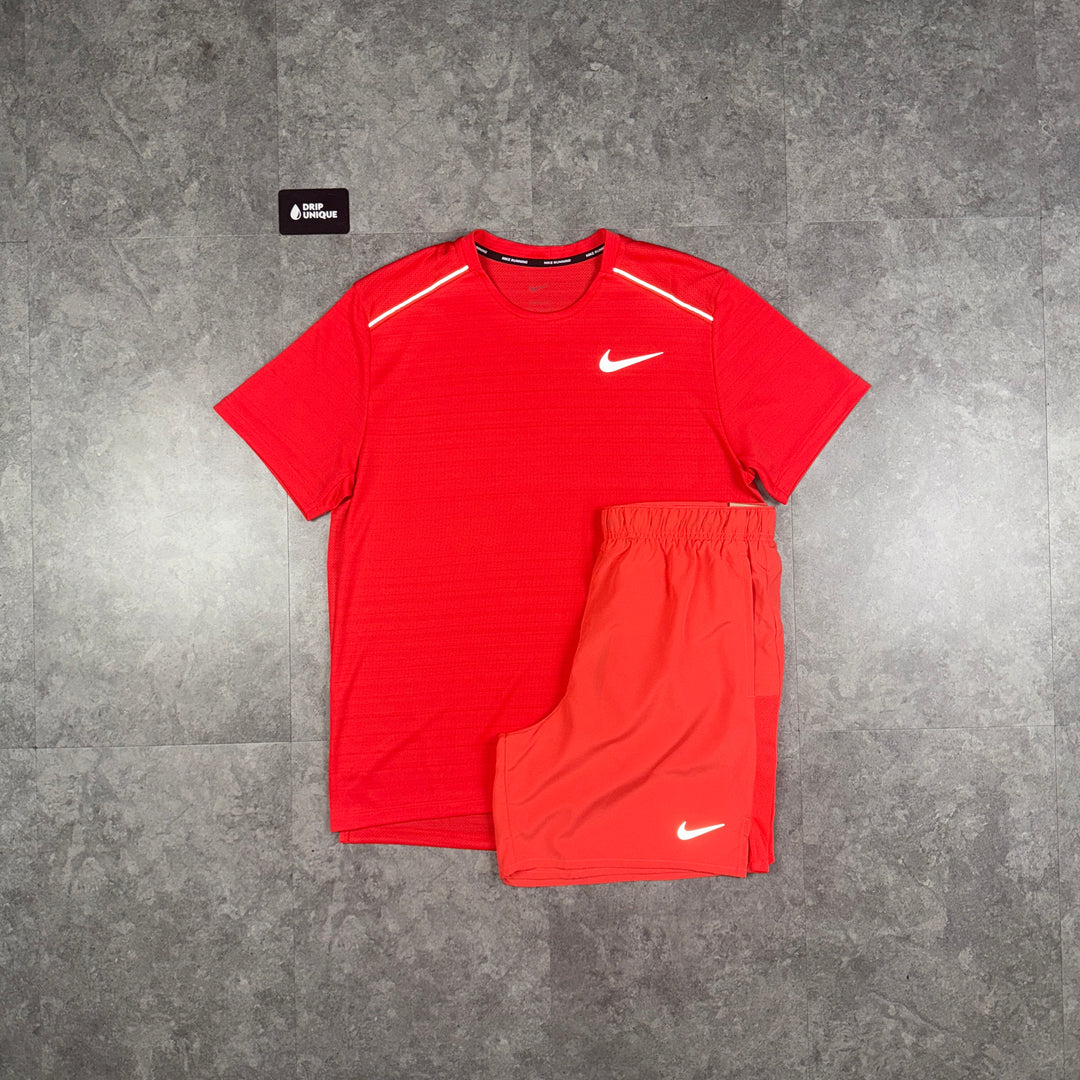 Nike Miler T-Shirt Light Crimson & Light Crimson Challenger Shorts Set, dripuniqueuk