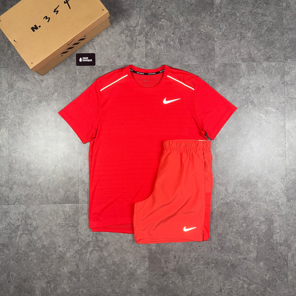 Nike Miler T-Shirt Light Crimson & Light Crimson Challenger Shorts Set, dripuniqueuk