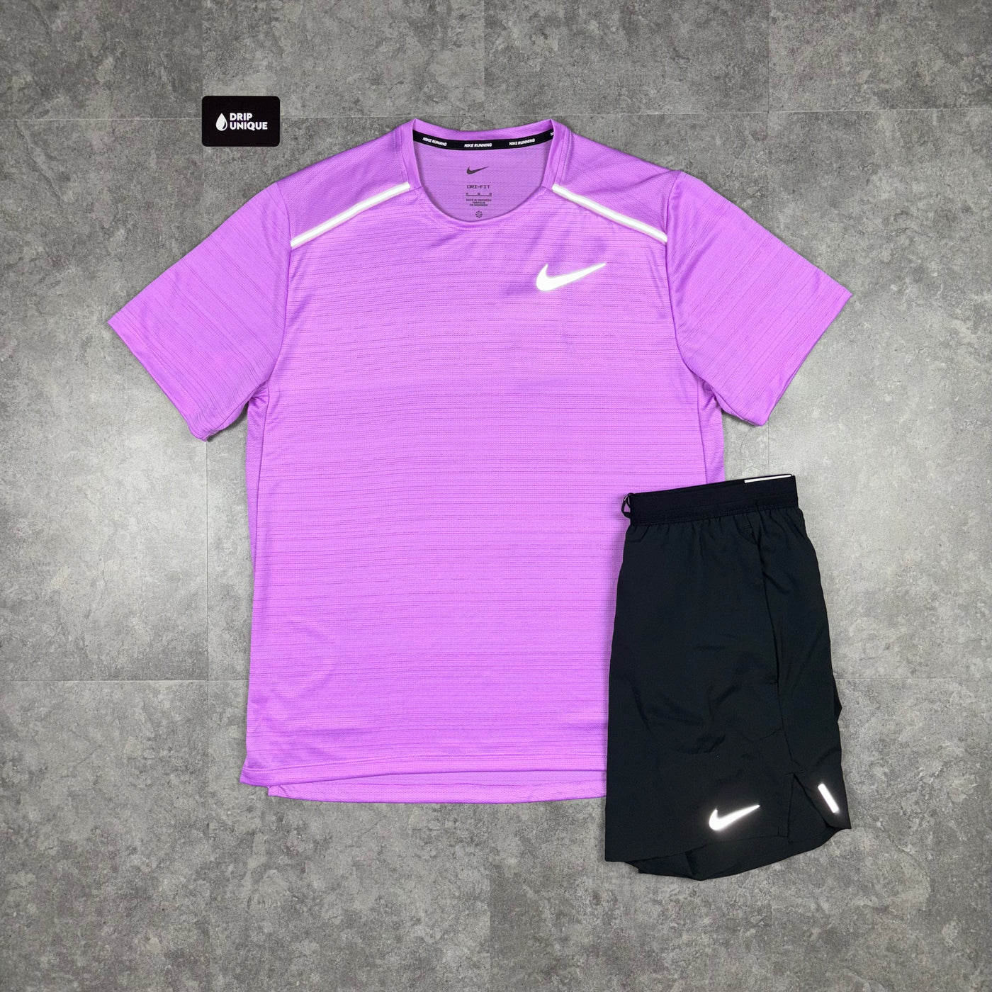 Nike Miler T Shirt Lilac Black Flex Stride Shorts Set dripuniqueuk