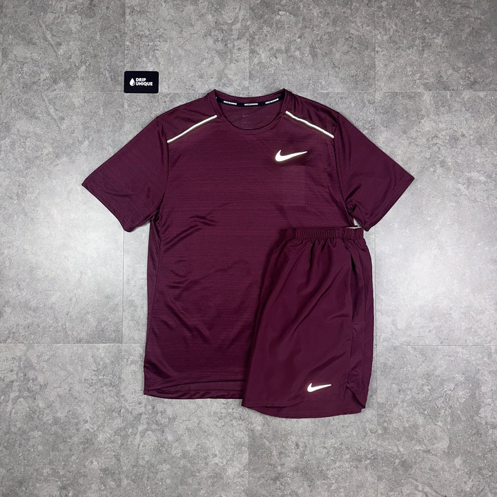 Nike Miler T-Shirt Midnight Maroon & Midnight Maroon Challenger Shorts Set, Nike Miler Set, dripuniqueuk