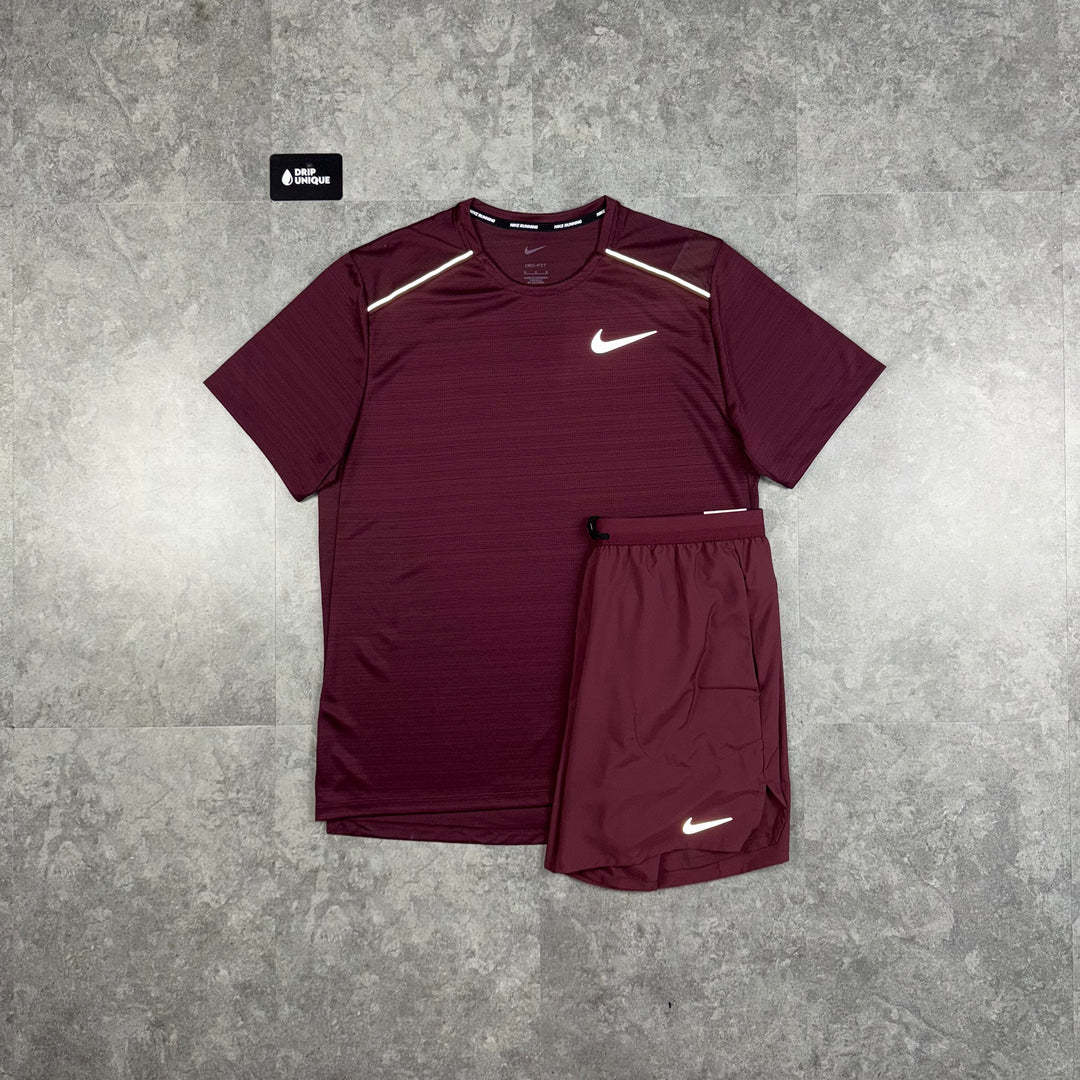 Nike Miler T-Shirt Midnight Maroon & Midnight Maroon Flex Stride Shorts Set, Nike Miler Set, dripuniqueuk
