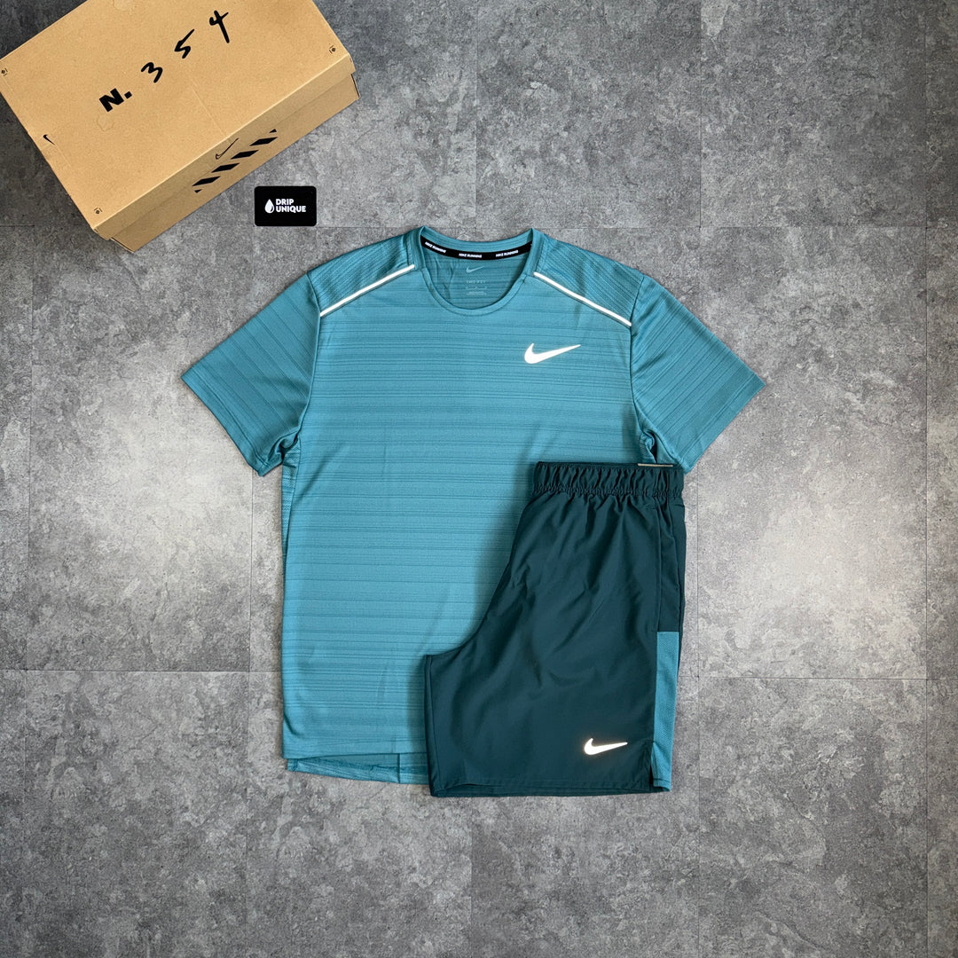 Nike Miler T-Shirt Mineral Teal & Teal Challenger Shorts Set, nike miler set, dripuniqueuk