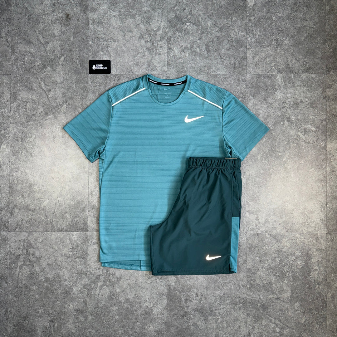 Nike Miler T-Shirt Mineral Teal & Teal Challenger Shorts Set, nike set, dripuniqueuk
