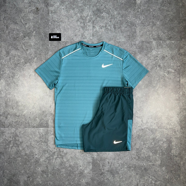 Nike Miler T-Shirt Mineral Teal & Teal Challenger Shorts Set, nike set, dripuniqueuk