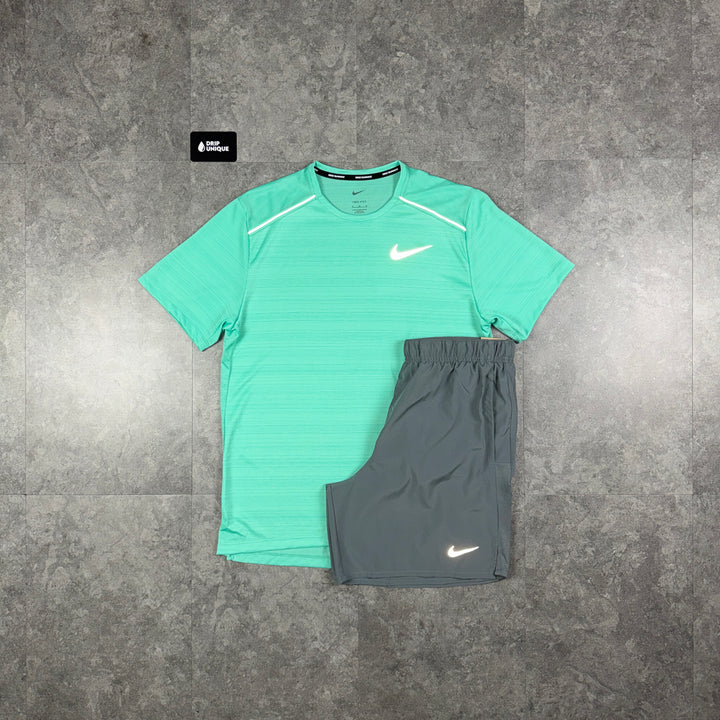 Nike Miler T-Shirt Mint Green & Grey Challenger Shorts Set, nike miler set, dripuniqueuk