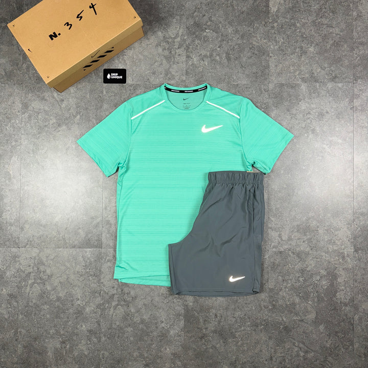 Nike Miler T-Shirt Mint Green & Grey Challenger Shorts Set, nike set, dripuniqueuk