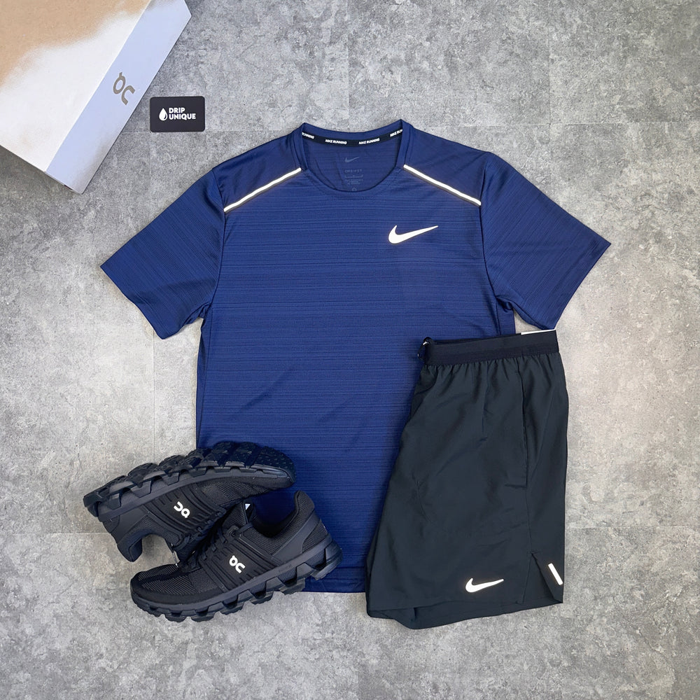 Nike Miler T-Shirt Navy Blue & Black Flex Stride Shorts Set, Nike Miler Set, dripuniqueuk
