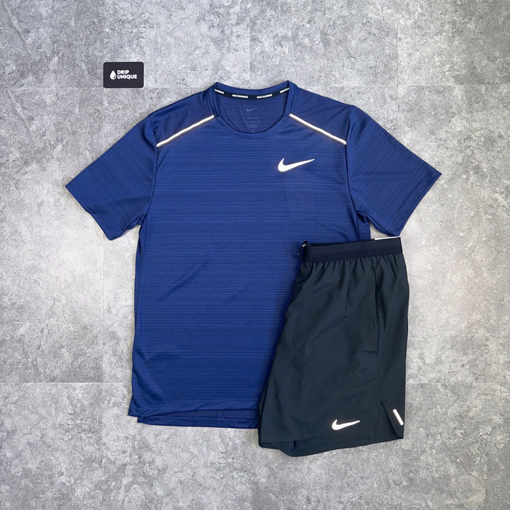 Nike Miler T-Shirt Navy Blue & Black Flex Stride Shorts Set, Nike Sets, dripuniqueuk
