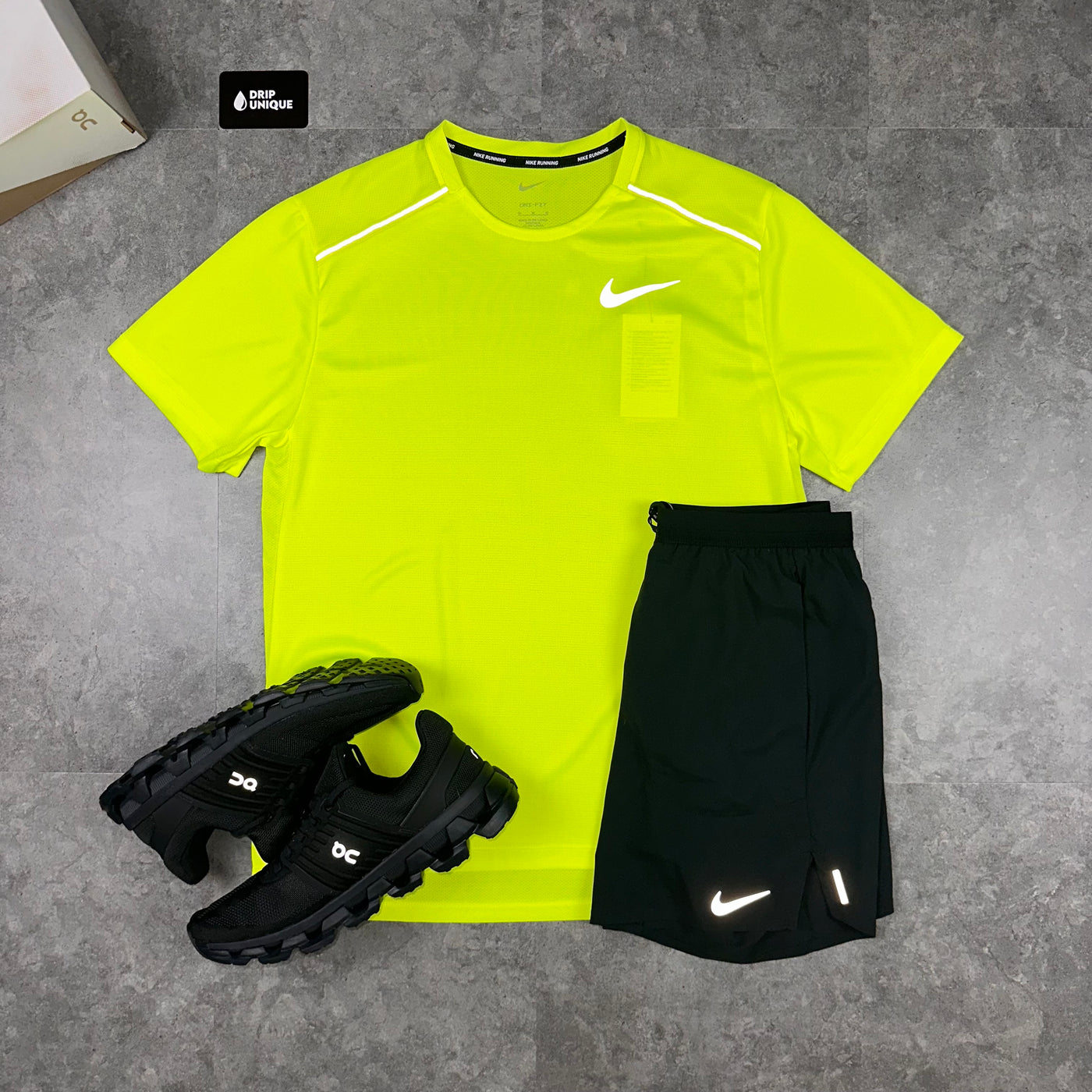 Nike Miler T Shirt Neon Green Black Flex Stride Shorts Set dripuniqueuk