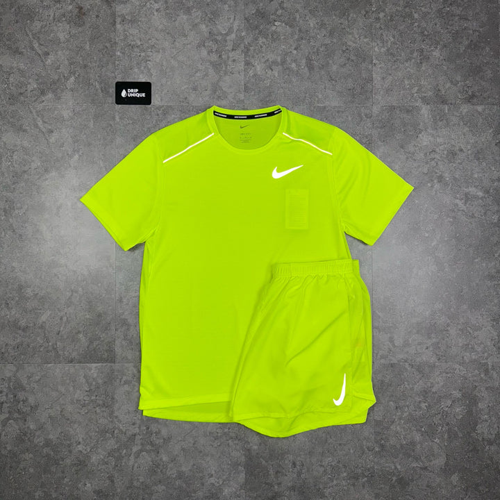 Nike Miler T-Shirt Neon Green & Neon Green Challenger Shorts Set, Nike Sets, dripuniqueuk