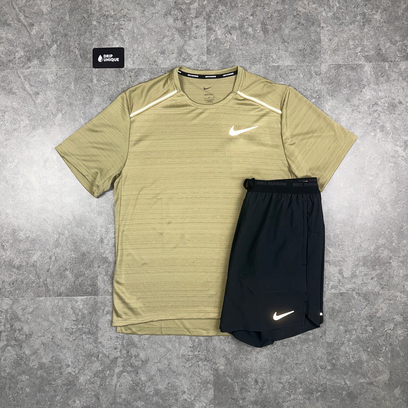 Nike Miler T Shirt Neutral Olive Black Flex Stride Shorts Set dripuniqueuk