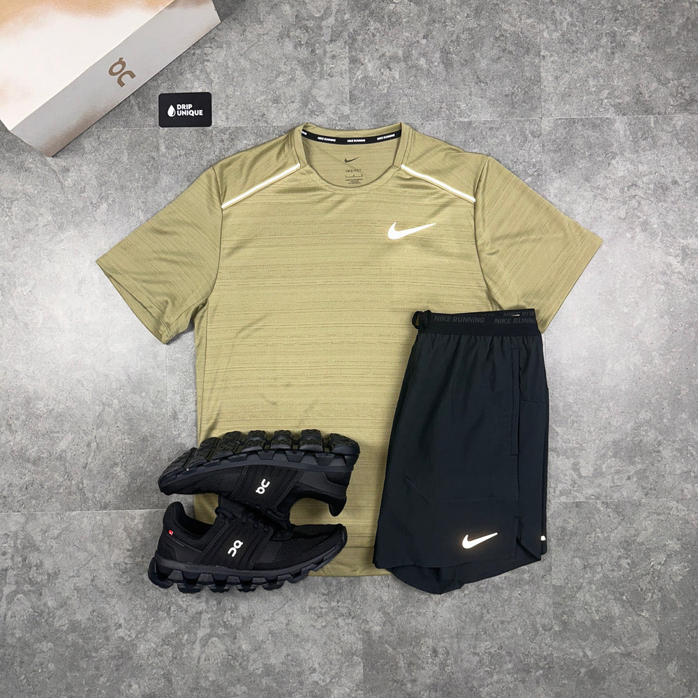 Nike Miler T-Shirt Neutral Olive & Black Flex Stride Shorts Set, Nike Sets for men, dripuniqueuk