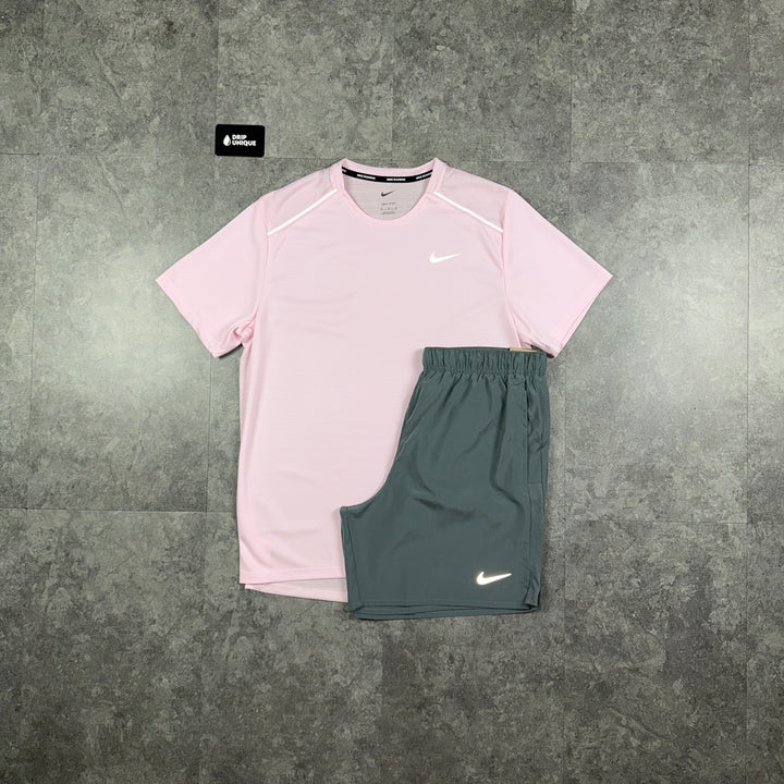 Nike Miler T-Shirt Pink Foam & Grey Challenger Shorts Set, nike miler tshirt set, dripuniqueuk
