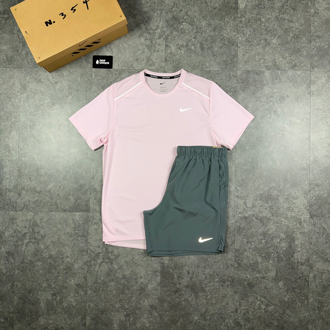 Nike Miler T-Shirt Pink Foam & Grey Challenger Shorts Set, nike set, dripuniqeuuk