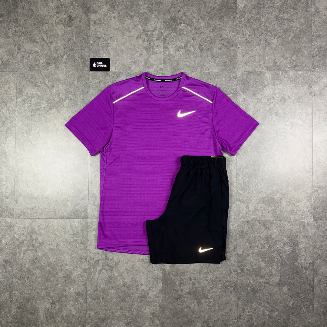 Nike Miler T-Shirt Purple & Black Challenger Shorts Set, nike miler set, dripuniqueuk