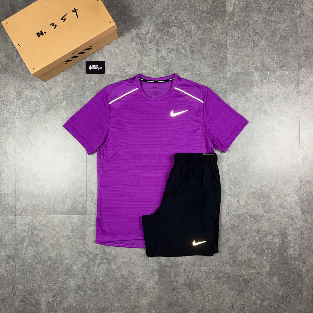 Nike Miler T-Shirt Purple & Black Challenger Shorts Set, nike set, dripuniqueuk