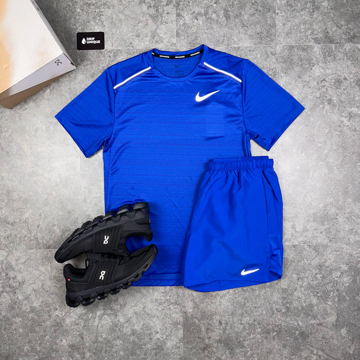 Nike Miler T-Shirt Royal Blue & Royal Blue Challenger Shorts Set, Nike Sets, Set Nike, Nike Miler Set, dripuniqueuk