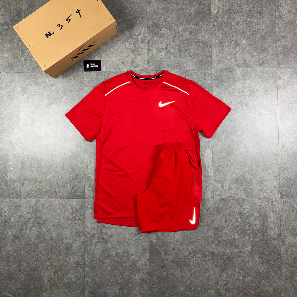 Nike Miler T-Shirt University Red & Red Challenger Shorts Set, nike set, dripuniqueuk