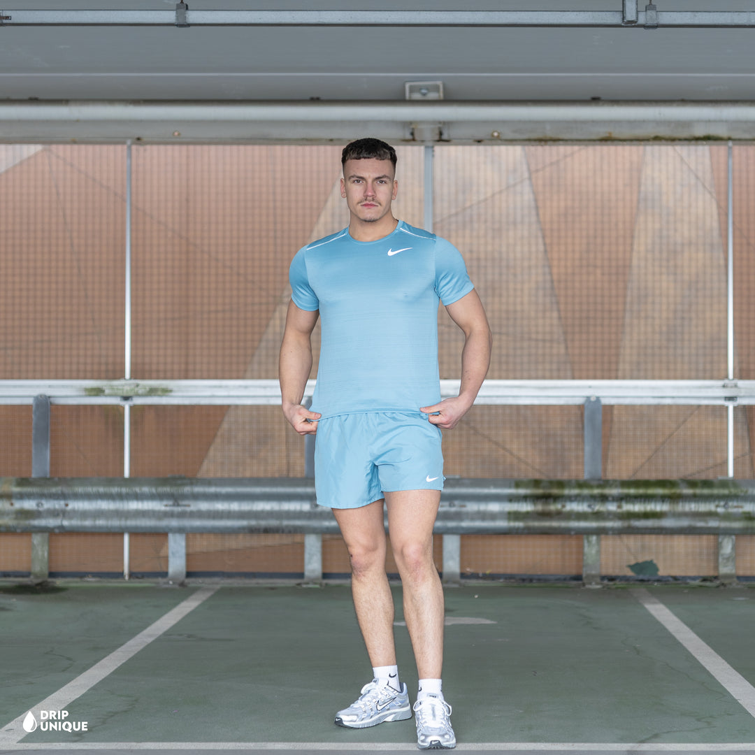 Nike Miler T-Shirt Denim Turqouise & Denim Turquoise Challenger Shorts Set, nike set, dripuniqueuk