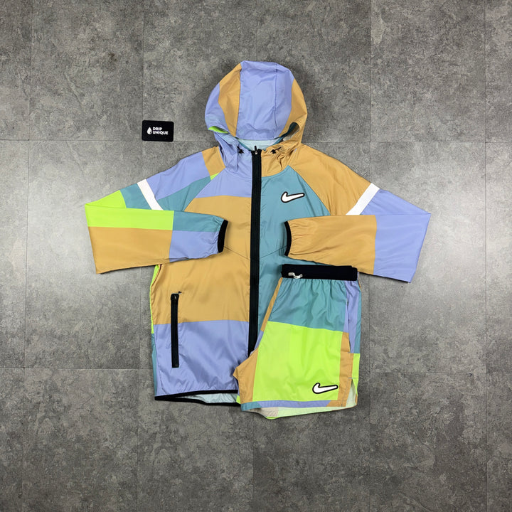 Nike Patchwork Windrunner Jacket Yellow & Yellow Patchwork Shorts Set, nike patchwork set, dripuniqueuk